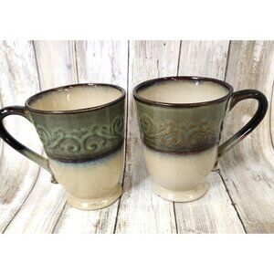 Set of 2 Pier 1 Imports Stoneware Mugs Green Beige 16 oz Microwave Dishwasher Sa